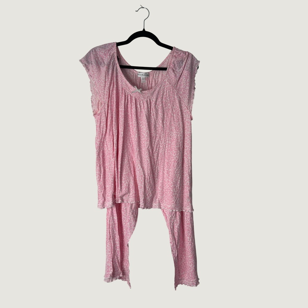 Miss Elaine Pajama Set Women XL Pink Leopard Print Flutter Sleeve Crop Pants